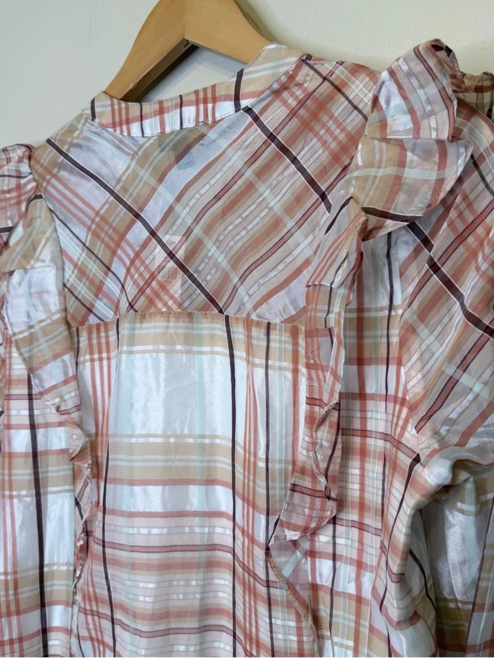 Current Air | Anthro NWT Polly Plaid Ruffle Shoulder Long Sleeve Peasant Blouse - Picture 8 of 15